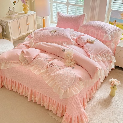 （总）苏米娜家纺2025小清新公主风水洗棉四件套床裙款韩版蕾丝花边夹棉床盖款四件套甜美少女心床套四件套