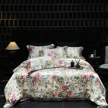 91家纺网 家纺一手货源 找家纺 （总）黄鹂鸟 2025新款高端轻奢丝滑裸睡丝绸数码印花水洗真丝天丝四件套系列 -风格三