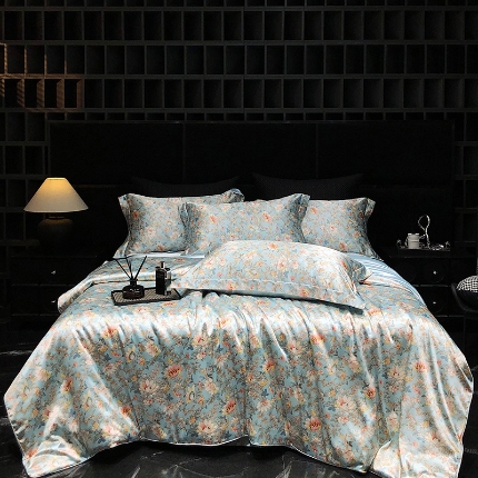 91家纺网 家纺一手货源 找家纺 （总）黄鹂鸟 2025新款高端轻奢丝滑裸睡丝绸数码印花水洗真丝天丝四件套系列 -风格三