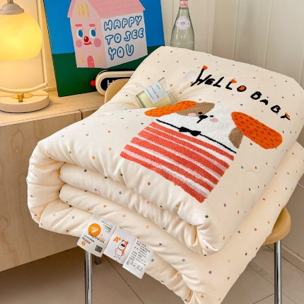 91家纺网 家纺一手货源 找家纺 宇航家纺 2025新款全棉双层纱大豆被夏被春秋被单品四件套 调皮狗