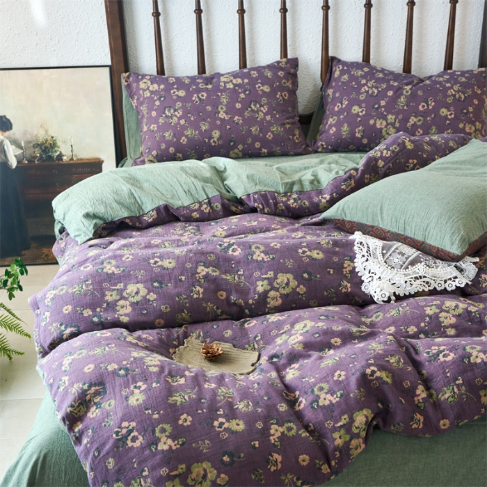 91家纺网 家纺一手货源 找家纺 （总）（总）兰紫橙 2025新款A类全棉色织提花双层纱四件套