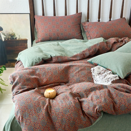 91家纺网 家纺一手货源 找家纺 （总）（总）兰紫橙 2025新款A类全棉色织提花双层纱四件套