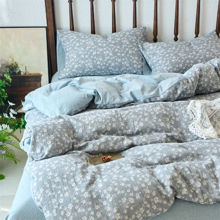 91家纺网 家纺一手货源 找家纺 （总）（总）兰紫橙 2025新款A类全棉色织提花双层纱四件套