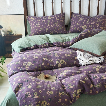 91家纺网 家纺一手货源 找家纺 （总）（总）兰紫橙 2025新款A类全棉色织提花双层纱四件套