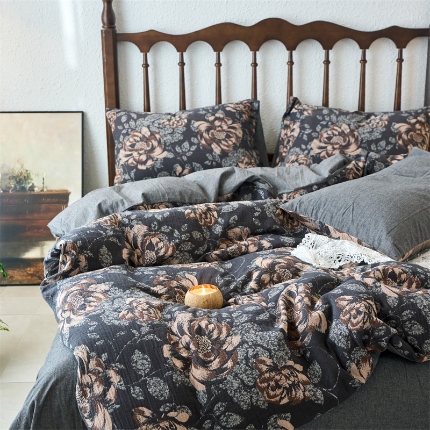 91家纺网 家纺一手货源 找家纺 （总）（总）兰紫橙 2025新款A类全棉色织提花双层纱四件套