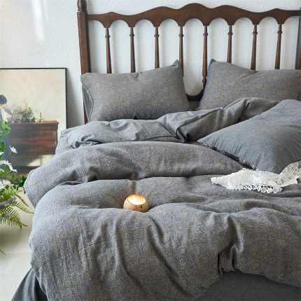 91家纺网 家纺一手货源 找家纺 （总）（总）兰紫橙 2025新款A类全棉色织提花双层纱四件套