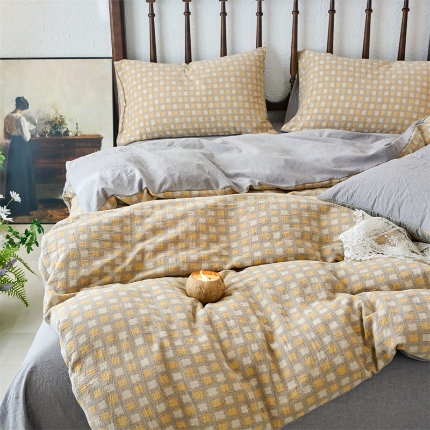 91家纺网 家纺一手货源 找家纺 （总）（总）兰紫橙 2025新款A类全棉色织提花双层纱四件套