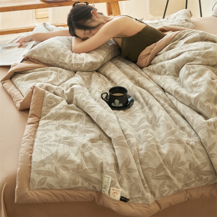 91家纺网 家纺一手货源 找家纺 （总）金鹰 2025新款A类纯棉水洗棉提花三层纱叶之韵味空调被夏凉被大豆夏被四件套