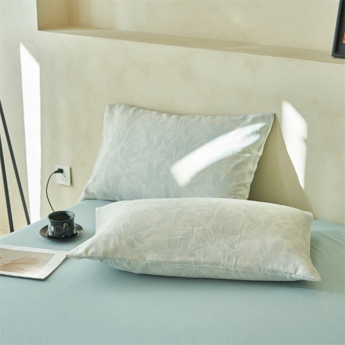 91家纺网 家纺一手货源 找家纺 金鹰 2025新款A类纯棉水洗棉提花三层纱叶之韵味空调被夏凉被大豆夏被四件套 叶之韵味-蓝