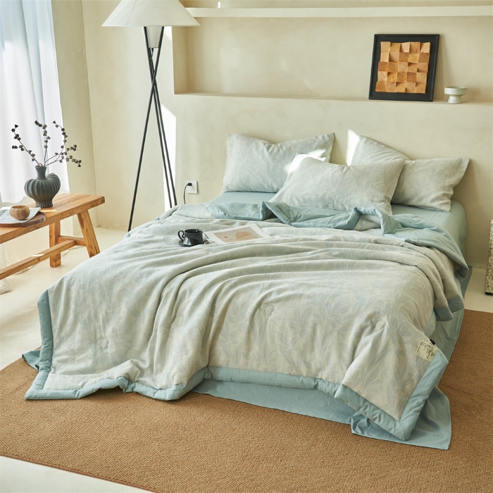 91家纺网 家纺一手货源 找家纺 金鹰 2025新款A类纯棉水洗棉提花三层纱叶之韵味空调被夏凉被大豆夏被四件套 叶之韵味-蓝