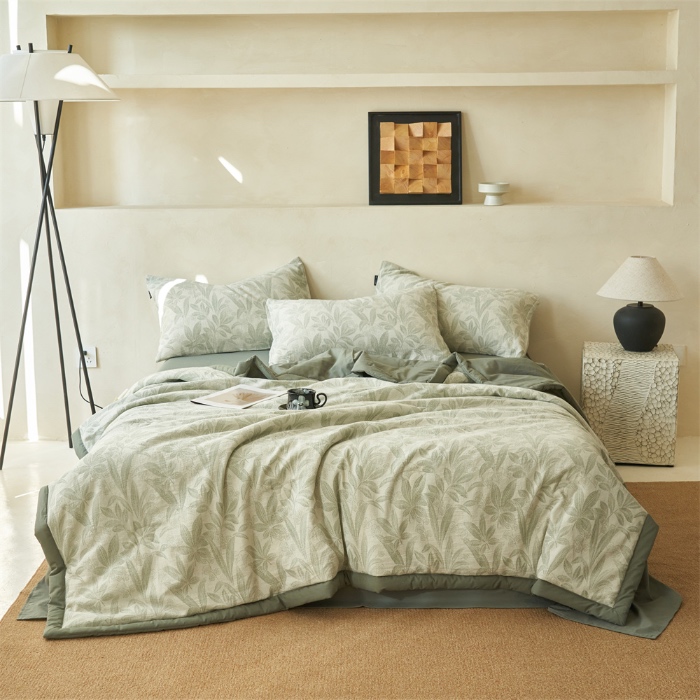 91家纺网 家纺一手货源 找家纺 金鹰 2025新款A类纯棉水洗棉提花三层纱叶之韵味空调被夏凉被大豆夏被四件套 叶之韵味-绿