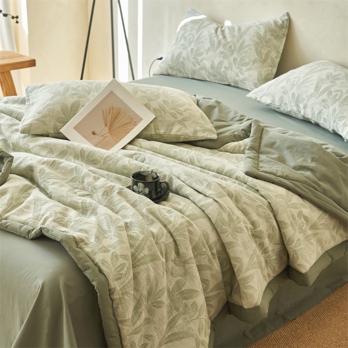 91家纺网 家纺一手货源 找家纺 金鹰 2025新款A类纯棉水洗棉提花三层纱叶之韵味空调被夏凉被大豆夏被四件套 叶之韵味-绿