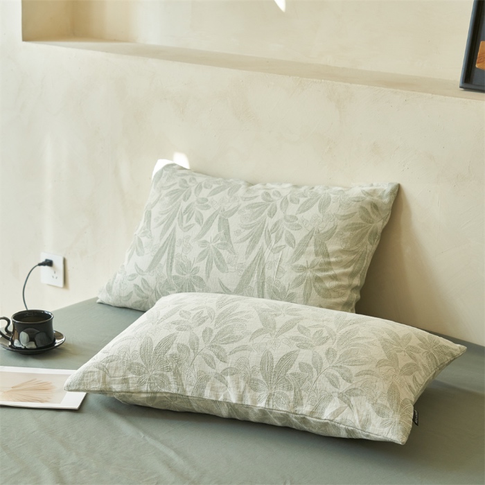 91家纺网 家纺一手货源 找家纺 金鹰 2025新款A类纯棉水洗棉提花三层纱叶之韵味空调被夏凉被大豆夏被四件套 叶之韵味-绿