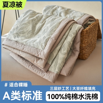 金鹰 2025新款A类纯棉水洗棉提花三层纱叶之韵味空调被夏凉被大豆夏被四件套 叶之韵味-灰