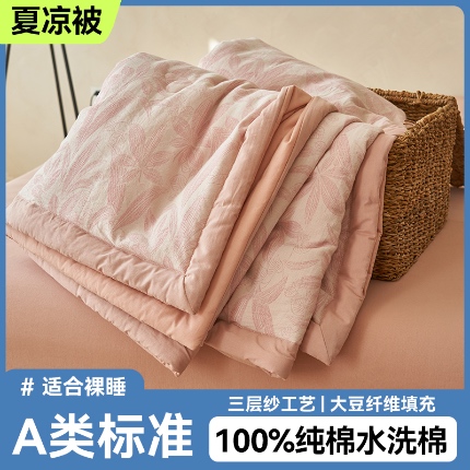 金鹰 2025新款A类纯棉水洗棉提花三层纱叶之韵味空调被夏凉被大豆夏被四件套 叶之韵味-粉
