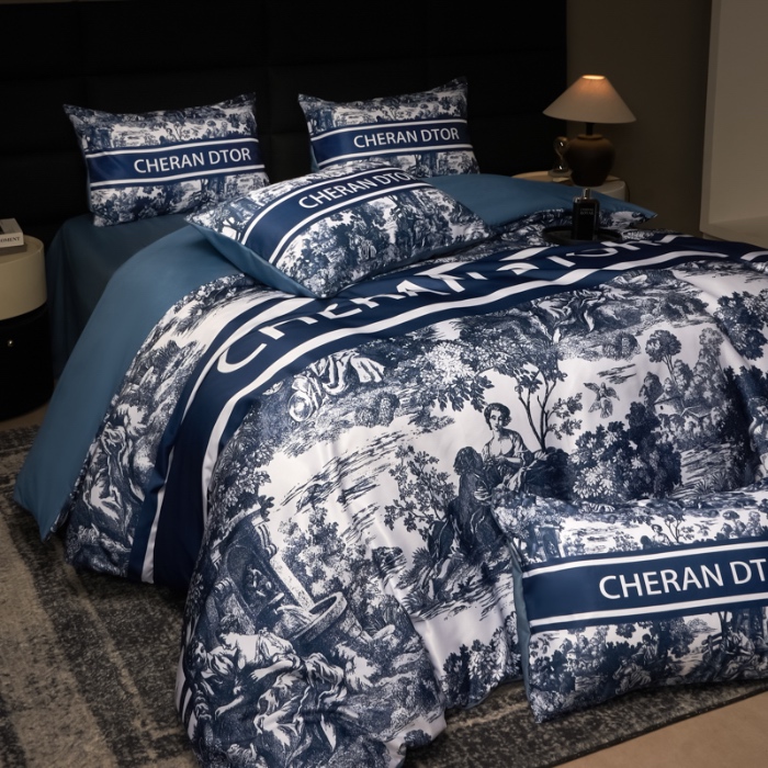 91家纺网 家纺一手货源 找家纺 花沐 2025春夏新款凉感冰丝四件套系列 冰丝蓝暮