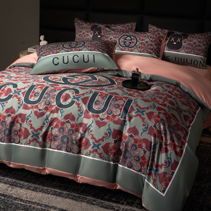 91家纺网 家纺一手货源 找家纺 花沐 2025春夏新款凉感冰丝四件套系列 冰丝绿色花朵