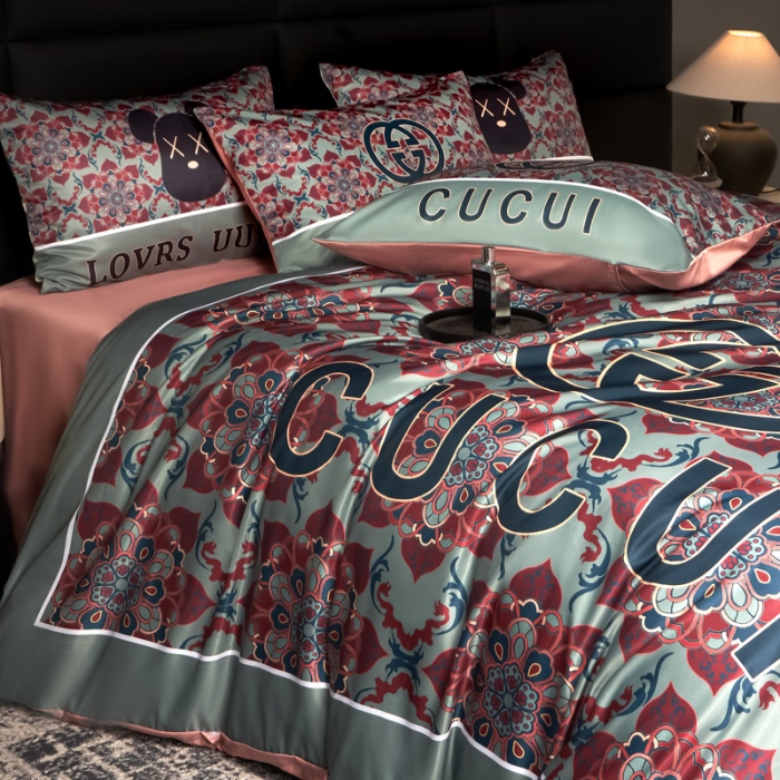 91家纺网 家纺一手货源 找家纺 花沐 2025春夏新款凉感冰丝四件套系列 冰丝绿色花朵