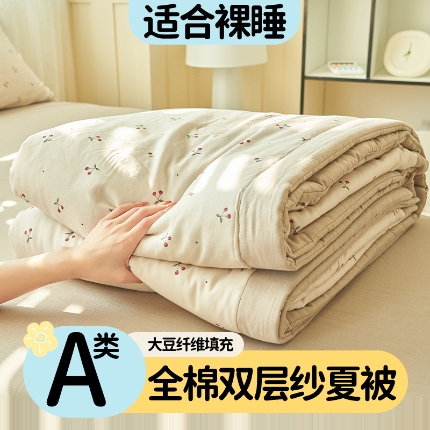 91家纺网 家纺一手货源 找家纺 （总）金鹰 2025新款A类纯棉双层纱大豆夏被四件套全棉夏凉被空调被