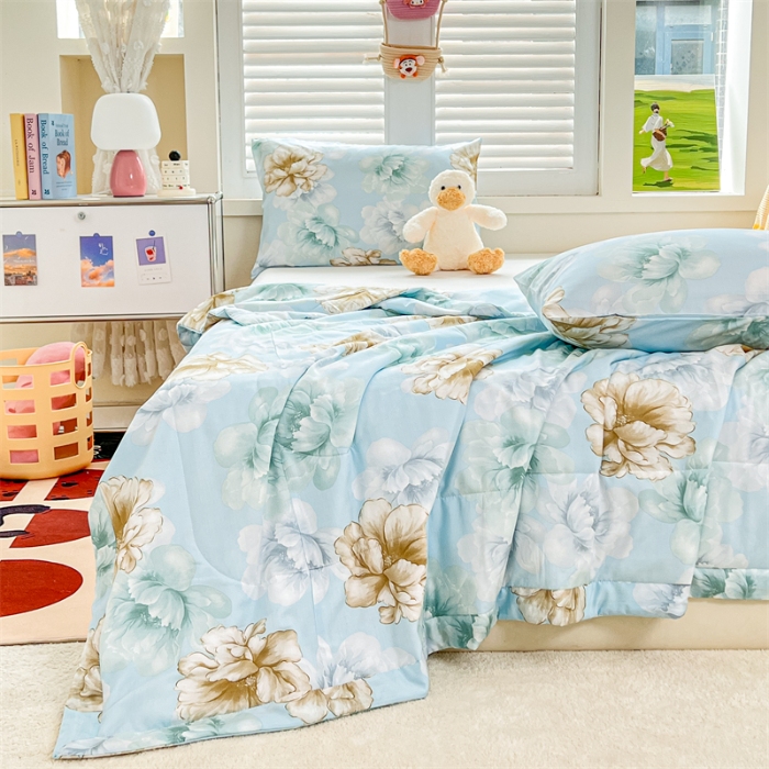 91家纺网 家纺一手货源 找家纺 天瑜 2024新款棉绸苏香绸舒香绸夏被人造棉夏凉被 盛世牡丹蓝