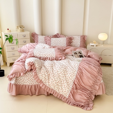 91家纺网 家纺一手货源 找家纺 晨晨 2025春夏新款针织双层纱韩版床盖四件套 瑰夏