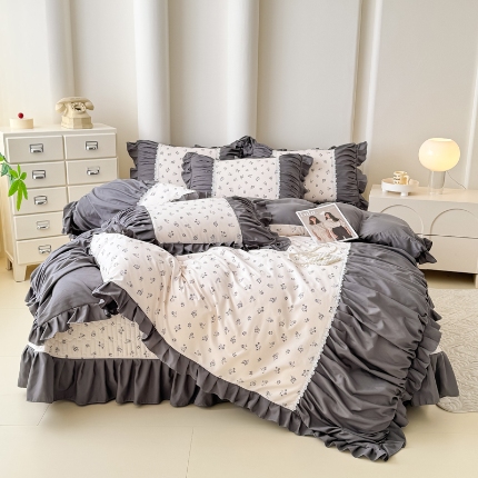 91家纺网 家纺一手货源 找家纺 晨晨 2025春夏新款针织双层纱韩版床盖四件套 半亩花田