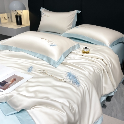 如一 2025丝羽系列水洗冰丝夏被四件套 丝羽-奶白蓝