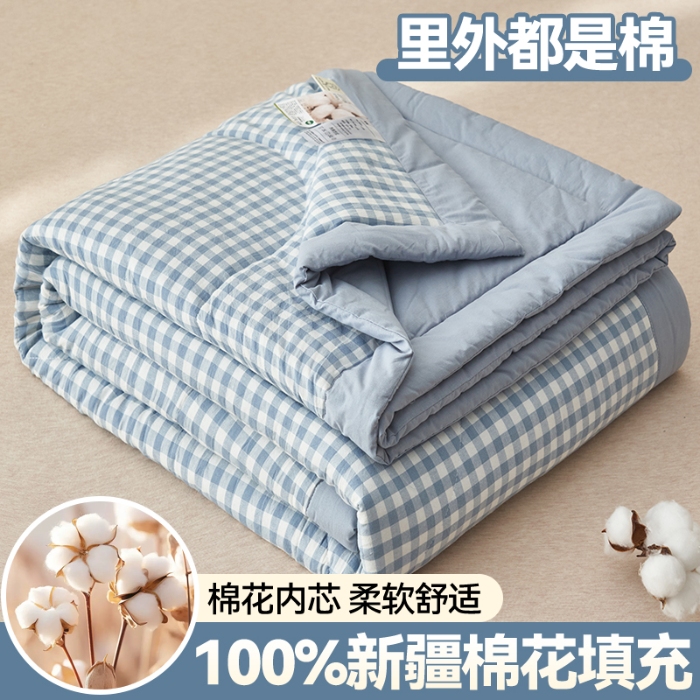 91家纺网 家纺一手货源 找家纺 恬思语家纺 2025新款全棉色织水洗棉棉花夏被  浅兰小格