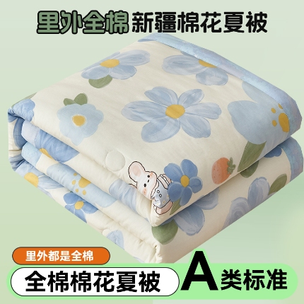 91家纺网 家纺一手货源 找家纺 恬思语家纺 2025新款全棉印花棉花夏被花涧小兔-蓝