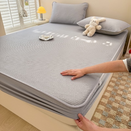 阿亮家居 2025新款凉席凉豆豆单包边可水席单凉席三件套冰豆豆席 小米粒高级灰床笠款