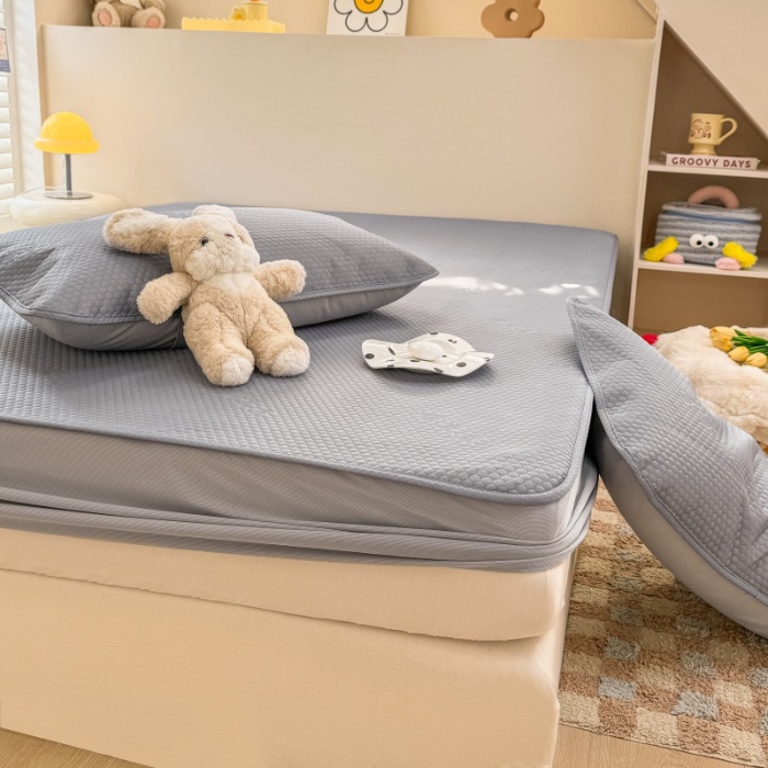 91家纺网 家纺一手货源 找家纺 阿亮家居 2025新款凉席凉豆豆单包边可水席单凉席三件套冰豆豆席 小米粒深海灰床笠款