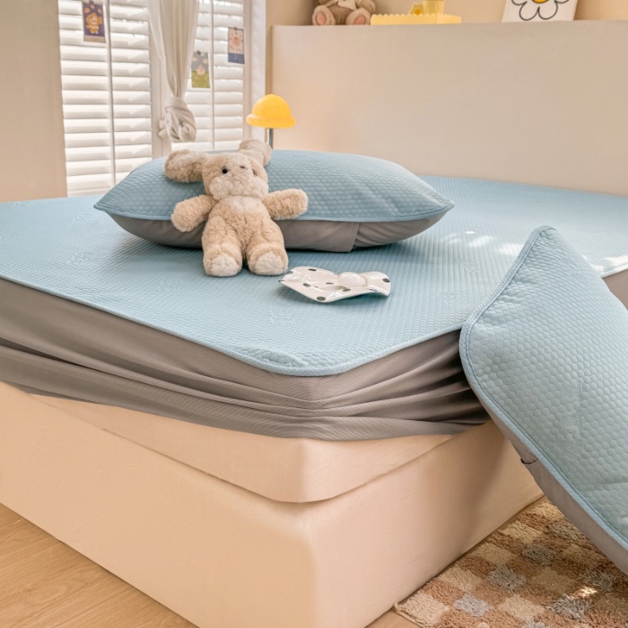 91家纺网 家纺一手货源 找家纺 阿亮家居 2025新款凉席凉豆豆单包边可水席单凉席三件套冰豆豆席 小米粒天空蓝床笠款