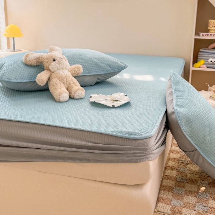 91家纺网 家纺一手货源 找家纺 阿亮家居 2025新款凉席凉豆豆单包边可水席单凉席三件套冰豆豆席 小米粒天空蓝床笠款