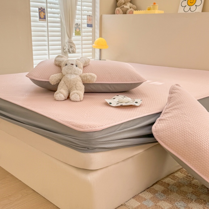 91家纺网 家纺一手货源 找家纺 阿亮家居 2025新款凉席凉豆豆单包边可水席单凉席三件套冰豆豆席 小米粒樱花粉床笠款