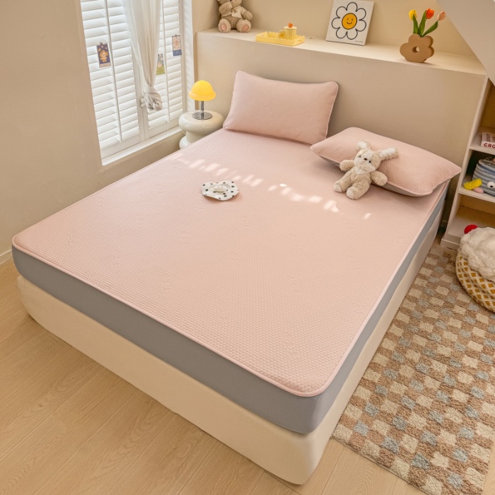 91家纺网 家纺一手货源 找家纺 阿亮家居 2025新款凉席凉豆豆单包边可水席单凉席三件套冰豆豆席 小米粒樱花粉床笠款