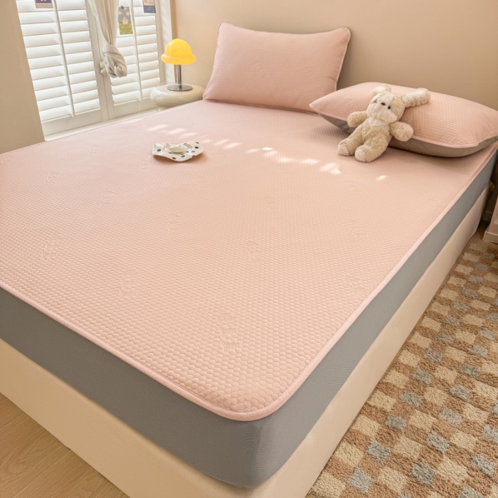 91家纺网 家纺一手货源 找家纺 阿亮家居 2025新款凉席凉豆豆单包边可水席单凉席三件套冰豆豆席 小米粒樱花粉床笠款