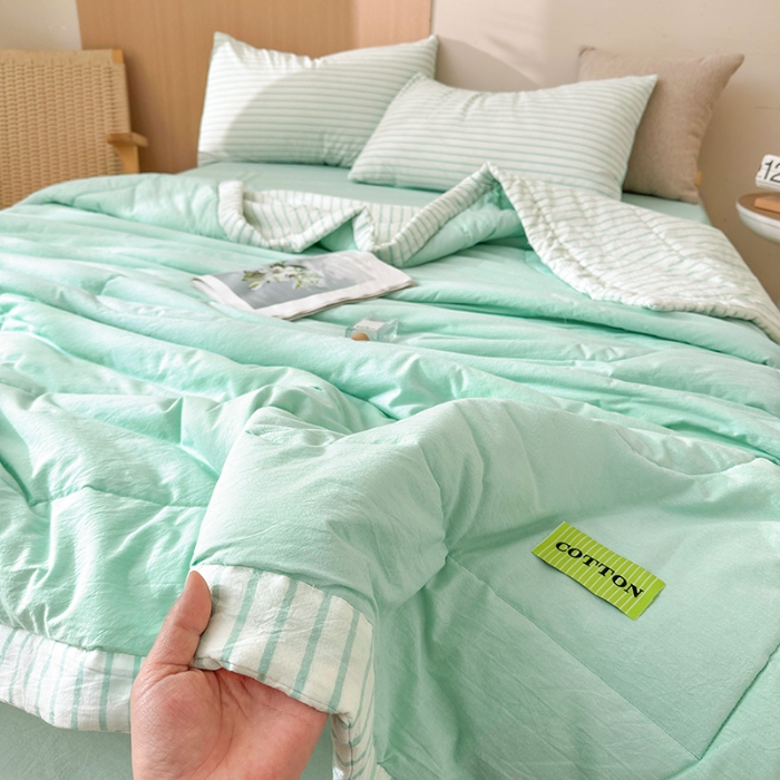 91家纺网 家纺一手货源 找家纺 熙宴家纺 2025新款全棉色织水洗棉棉花夏被四件套 湖蓝条