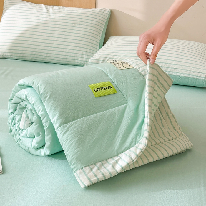 91家纺网 家纺一手货源 找家纺 熙宴家纺 2025新款全棉色织水洗棉棉花夏被四件套 湖蓝条