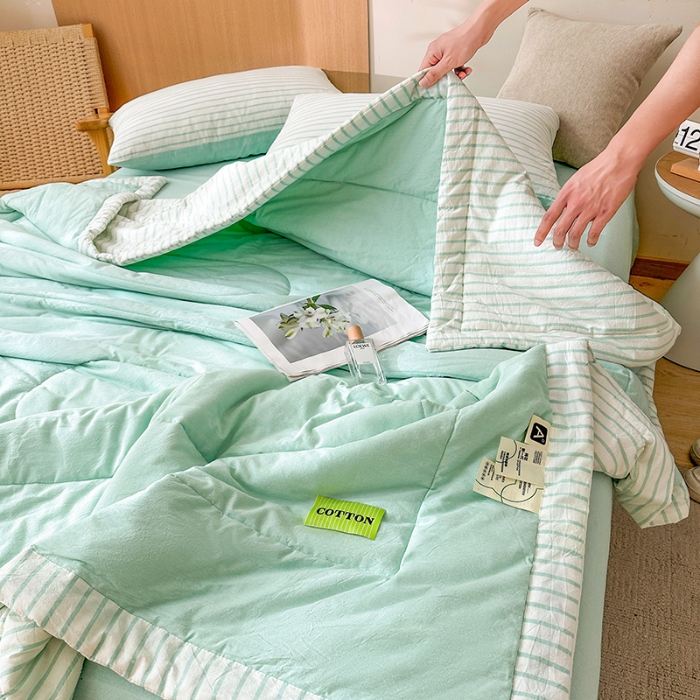 91家纺网 家纺一手货源 找家纺 熙宴家纺 2025新款全棉色织水洗棉棉花夏被四件套 湖蓝条