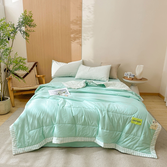 91家纺网 家纺一手货源 找家纺 熙宴家纺 2025新款全棉色织水洗棉棉花夏被四件套 湖蓝条