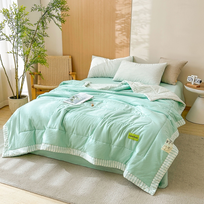 91家纺网 家纺一手货源 找家纺 熙宴家纺 2025新款全棉色织水洗棉棉花夏被四件套 湖蓝条