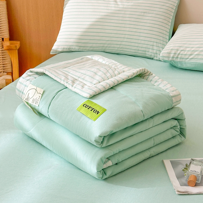 91家纺网 家纺一手货源 找家纺 熙宴家纺 2025新款全棉色织水洗棉棉花夏被四件套 湖蓝条