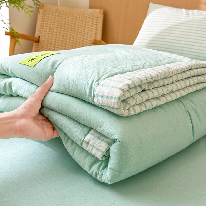 91家纺网 家纺一手货源 找家纺 熙宴家纺 2025新款全棉色织水洗棉棉花夏被四件套 湖蓝条