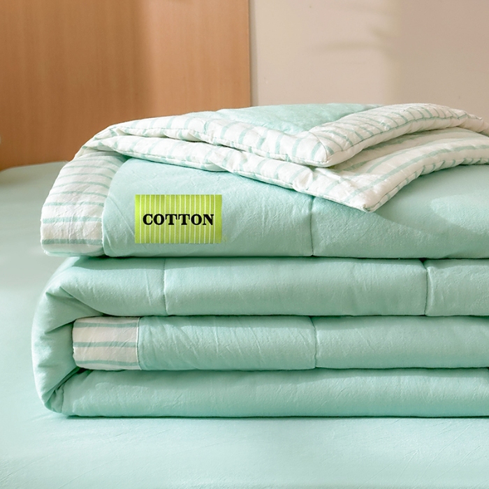 91家纺网 家纺一手货源 找家纺 熙宴家纺 2025新款全棉色织水洗棉棉花夏被四件套 湖蓝条