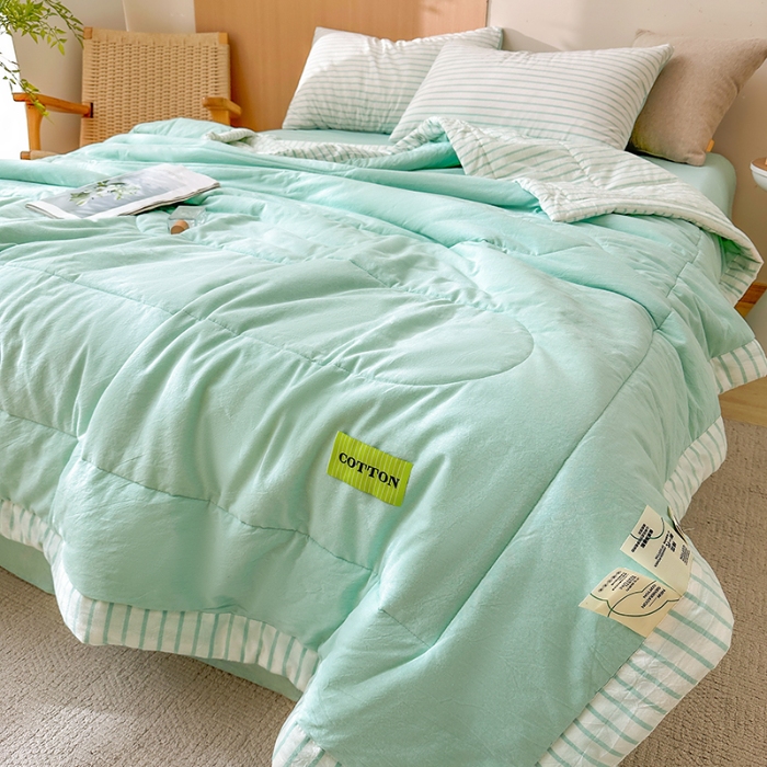 91家纺网 家纺一手货源 找家纺 熙宴家纺 2025新款全棉色织水洗棉棉花夏被四件套 湖蓝条