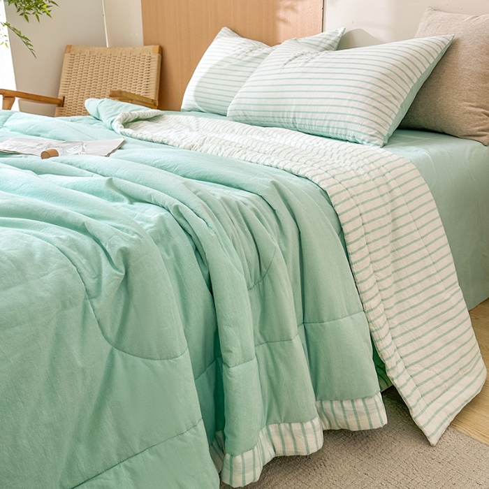 91家纺网 家纺一手货源 找家纺 熙宴家纺 2025新款全棉色织水洗棉棉花夏被四件套 湖蓝条