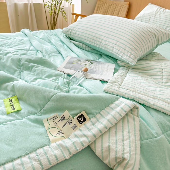 91家纺网 家纺一手货源 找家纺 熙宴家纺 2025新款全棉色织水洗棉棉花夏被四件套 湖蓝条