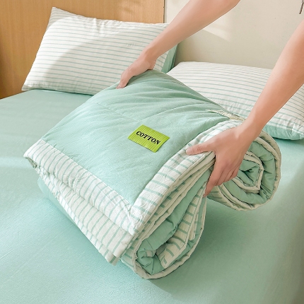 熙宴家纺 2025新款全棉色织水洗棉棉花夏被四件套 湖蓝条
