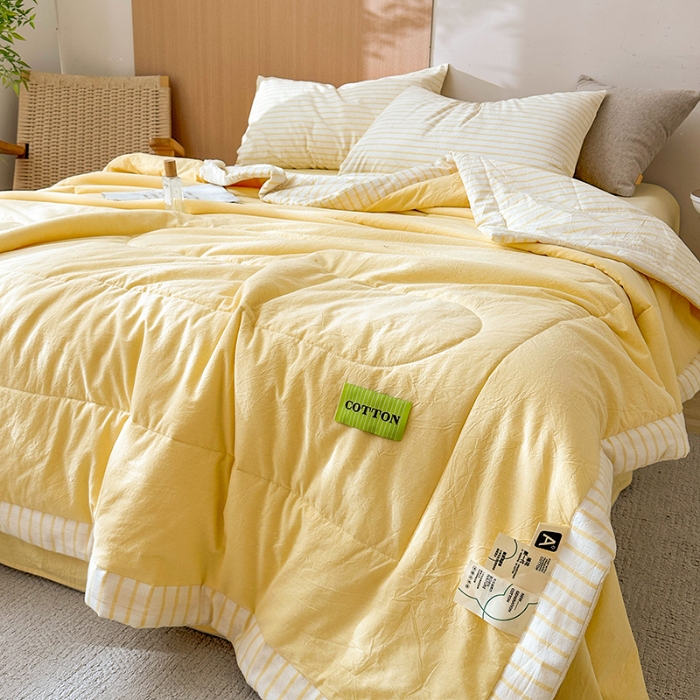91家纺网 家纺一手货源 找家纺 熙宴家纺 2025新款全棉色织水洗棉棉花夏被四件套 淡黄条