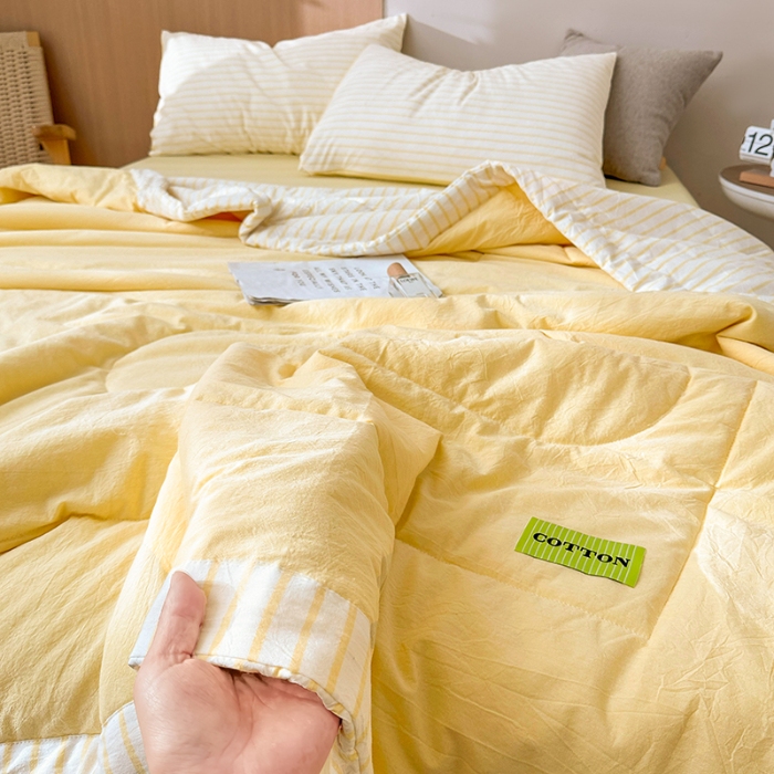 91家纺网 家纺一手货源 找家纺 熙宴家纺 2025新款全棉色织水洗棉棉花夏被四件套 淡黄条